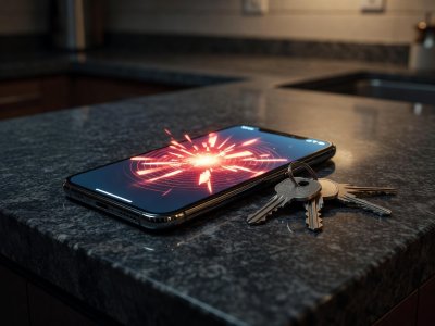 A smartphone displaying a notification next to a set of keys on a counter