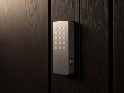 A modern keypad smart lock on a dark wooden door