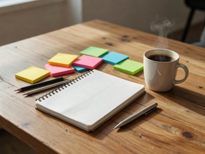 A notebook detailing a work schedule next to a cup of coffee